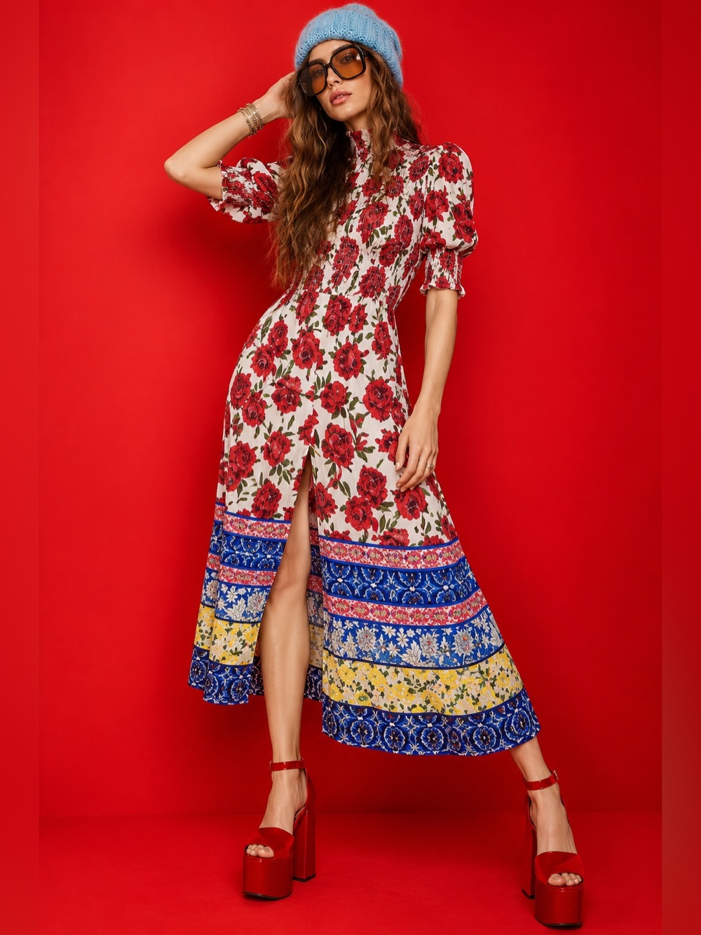 Alice and Olivia Silva Mix Print Floral Rose Mock Neck Maxi Dress Red sz 4/6